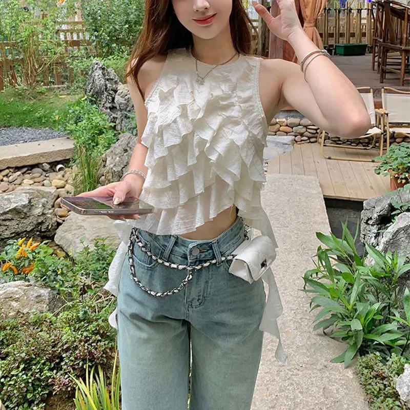 Stylish Ruffles Spliced Irregular Blouse Summer Slim Sleeveless Women\'s Clothing Korean Solid Color Hotsweet Asymmetrical Shirt