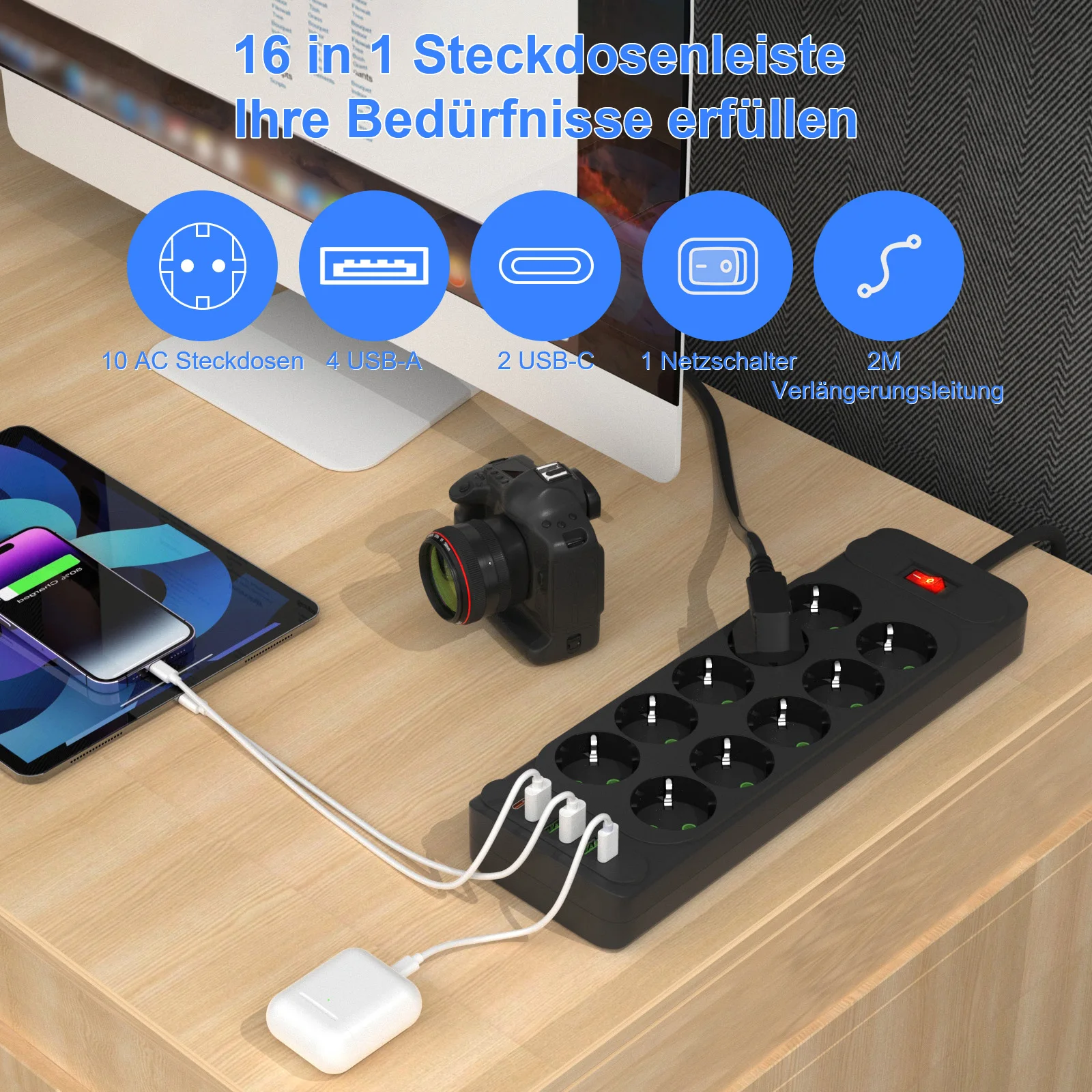 10 Way EU Plug Power Strip Multiprise Socket Surge Protection with 4 USB 2 Type-C, Electrical Outlets with Switch 2m Cable