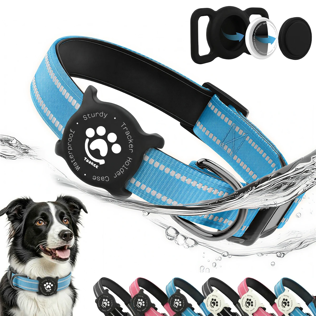 Taakcc Reflective Dog Collar with Luminous AirTag Holder, Waterproof Soft Padded & Safety Buckle, Air Tag Tracker Case Collars