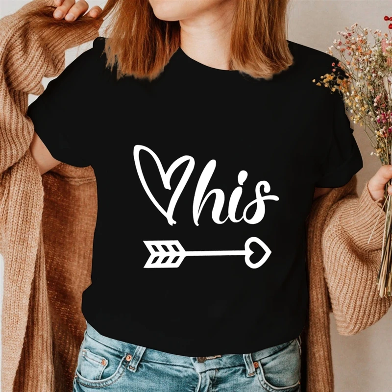 Her/His Heart Love Arrow Print T Shirt Summer Lovers Tee Shirt Women Clothing Man Oversized T Shirt Short Sleeve Couple TShirt