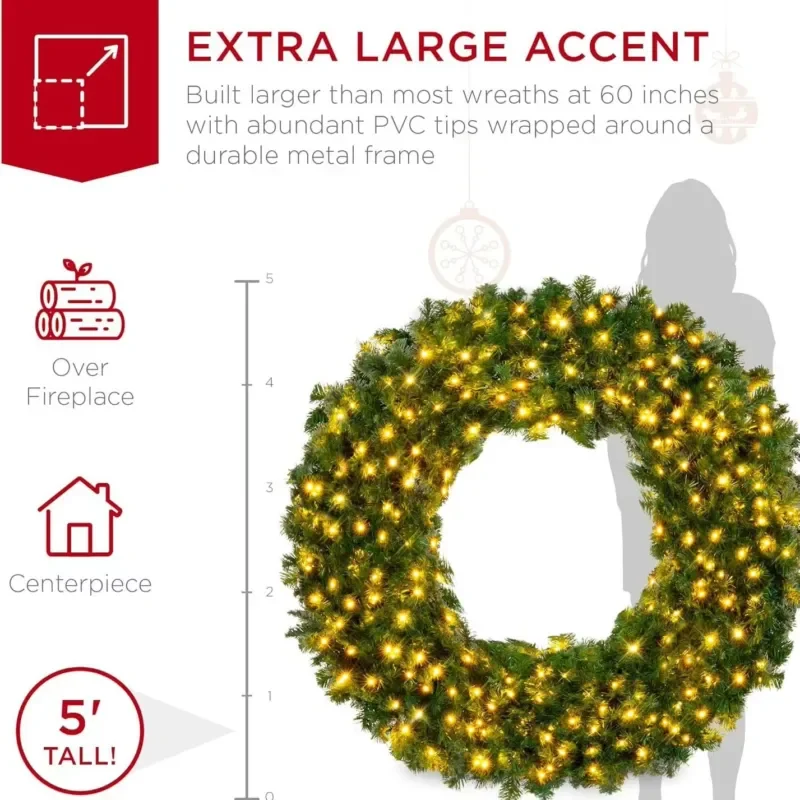 60-Inch large artificial fireproof pre-installed light Christmas wreath with red bow trim, metal structure, outdoor