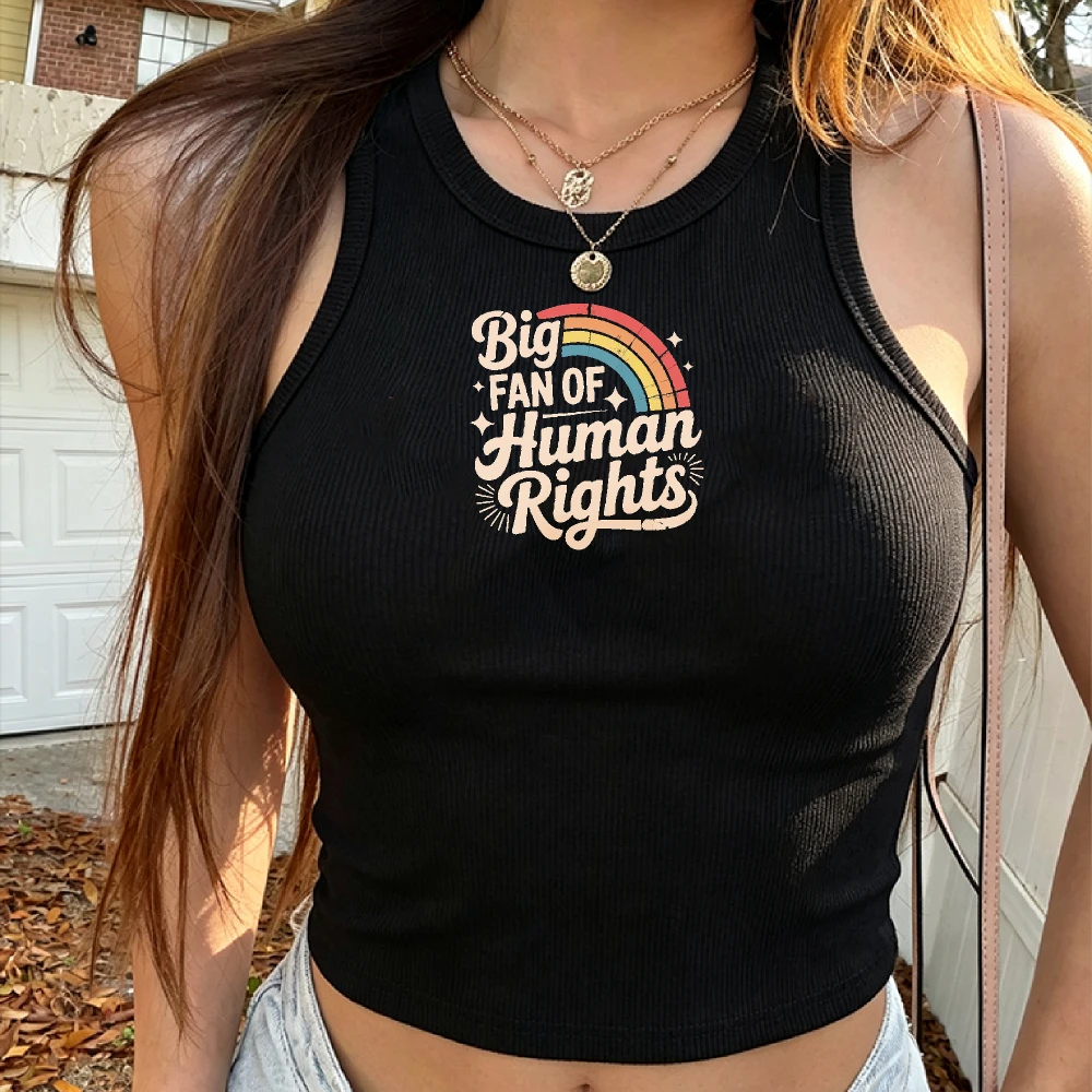 Retro Rainbow Ribbed Crop Top Tank Fitted Shirt Big Fan of Human Rights Stars Text Black Tee for Liberal Anti Populism Gift