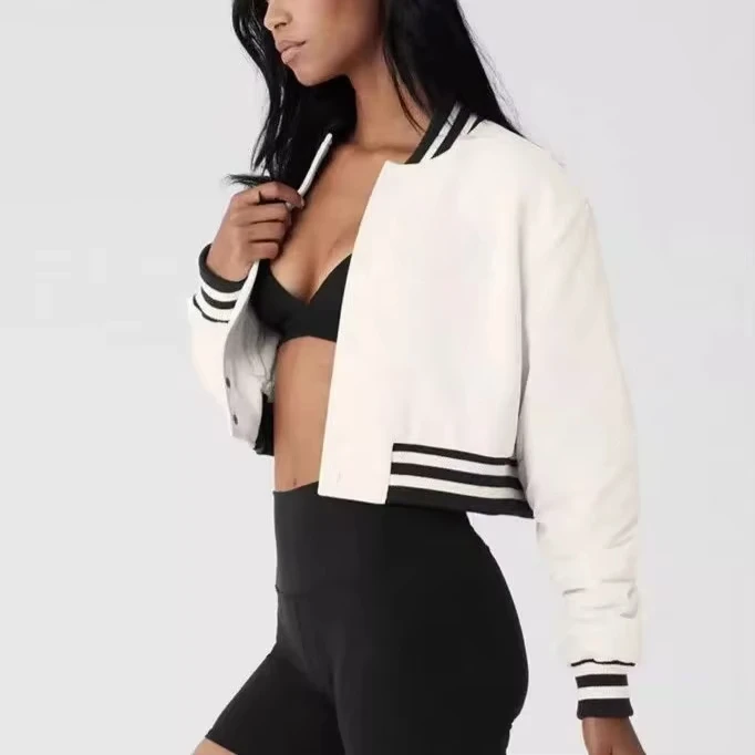 AI Yoga Cropped G.O.A.T Jacket Women's Warm, Comfortable and Fashionable Jacket Retro Patch Button Ribbed Cuff Top