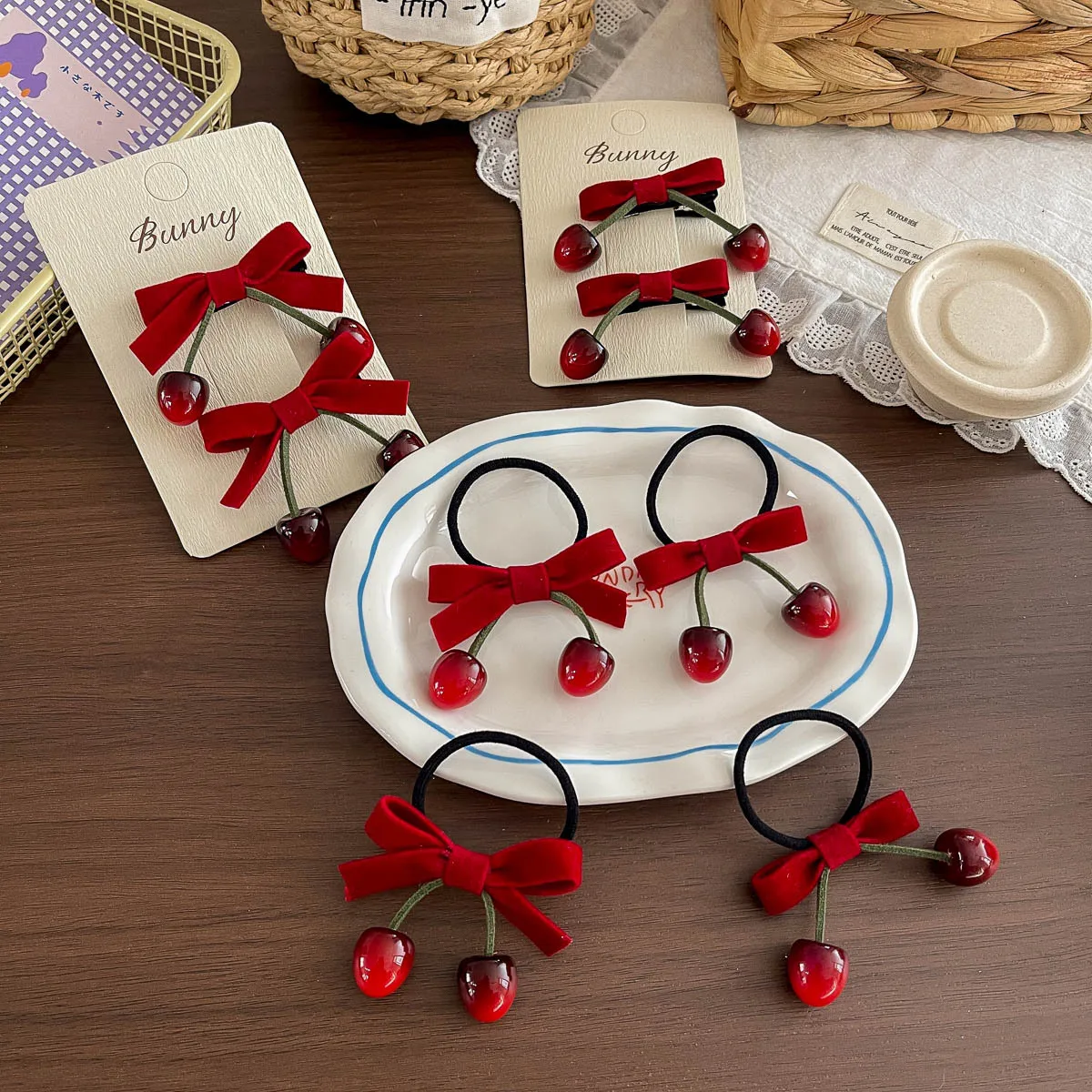 2pcs/lot Red Bow Cherry Hairpin Fruit Bangs Side Clip Girl Elastic Hair Band Hair Rope Tie Rubber Band Hair Accessories Headwear