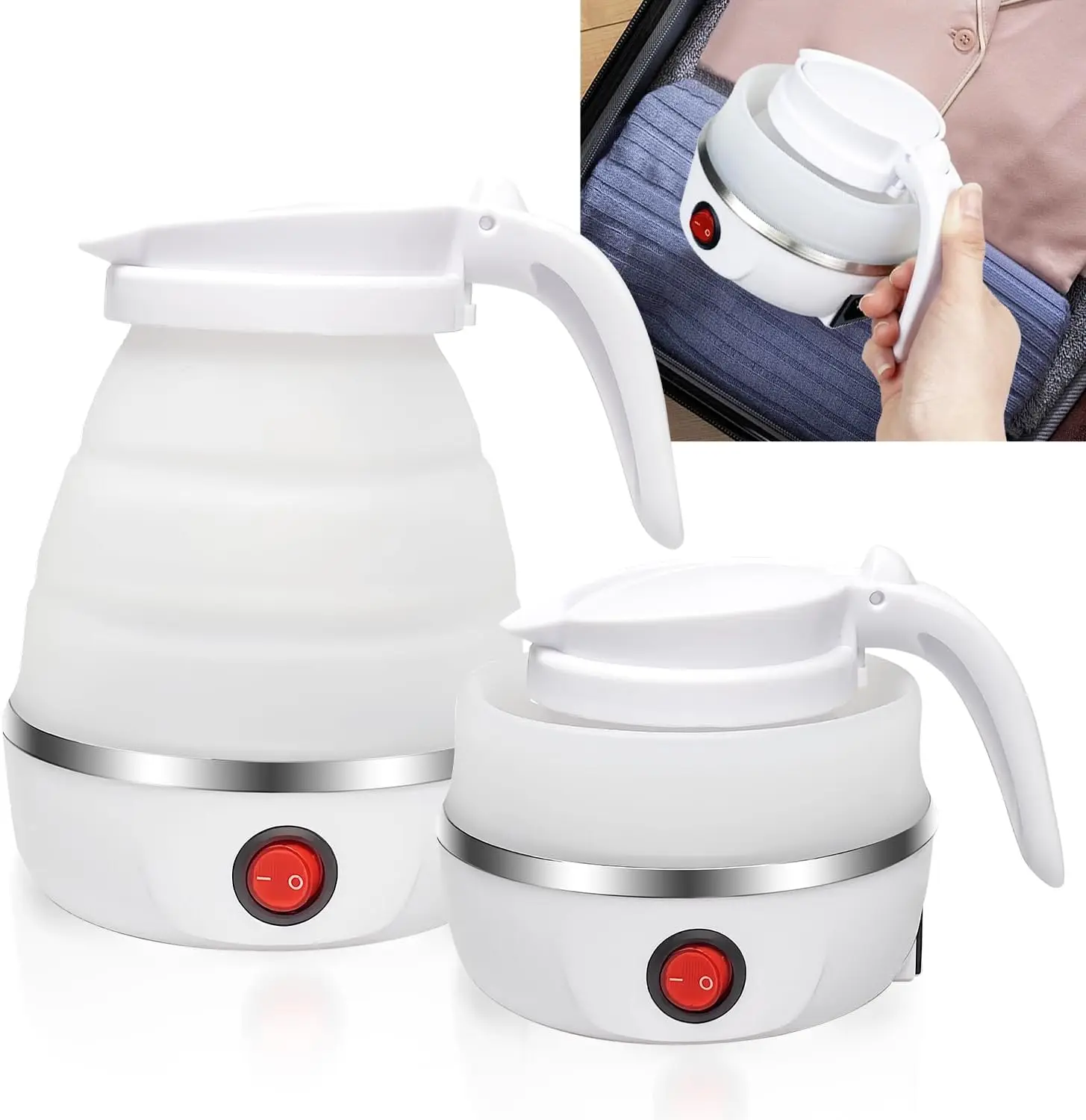 Foldable  Kettle for Travel, Portable Collapsible 600ML Kettle with  Shut-Off, 110V Silicone Quick Boiling Hot Water Kettle for