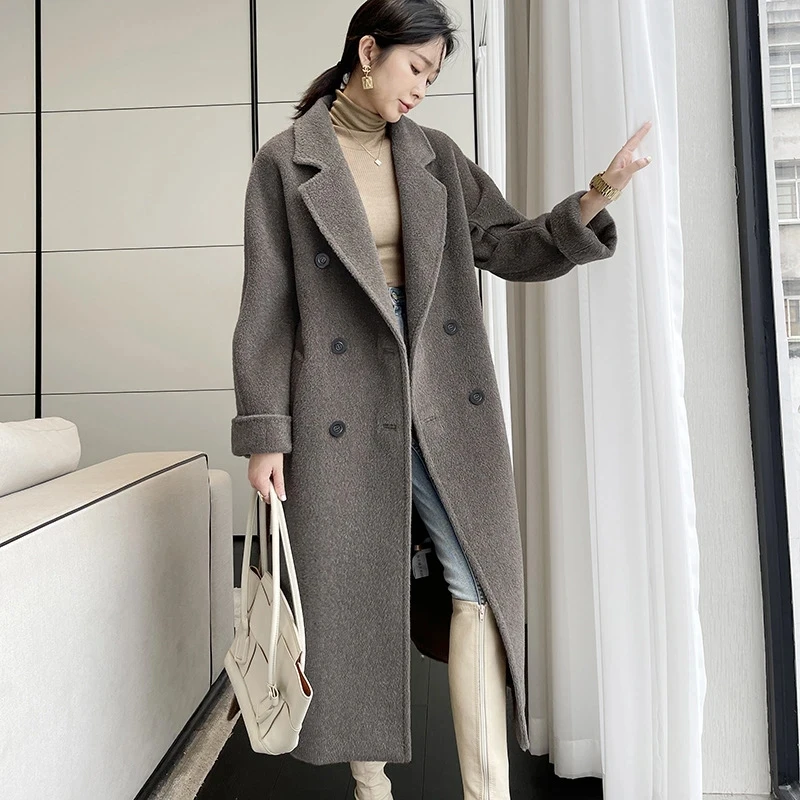 

2023 High-end Winter Vicuña Fleece Alpaca Coat Women Mid-length Sheep Wool Coat Female Black Thickened Loose Straight Type Grey