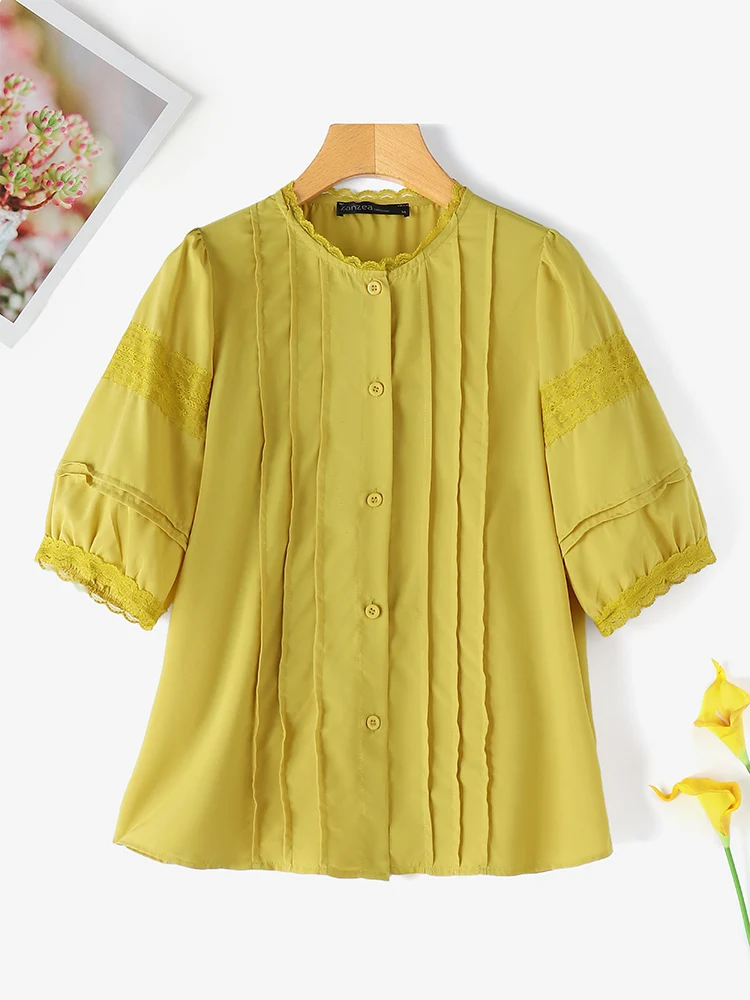 ZANZEA Fashion Lantern Half Sleeve Tops Women Summer Lace Patchwork Blouse Korean White O-Neck Shirt Pleated Loose Casual Tunic