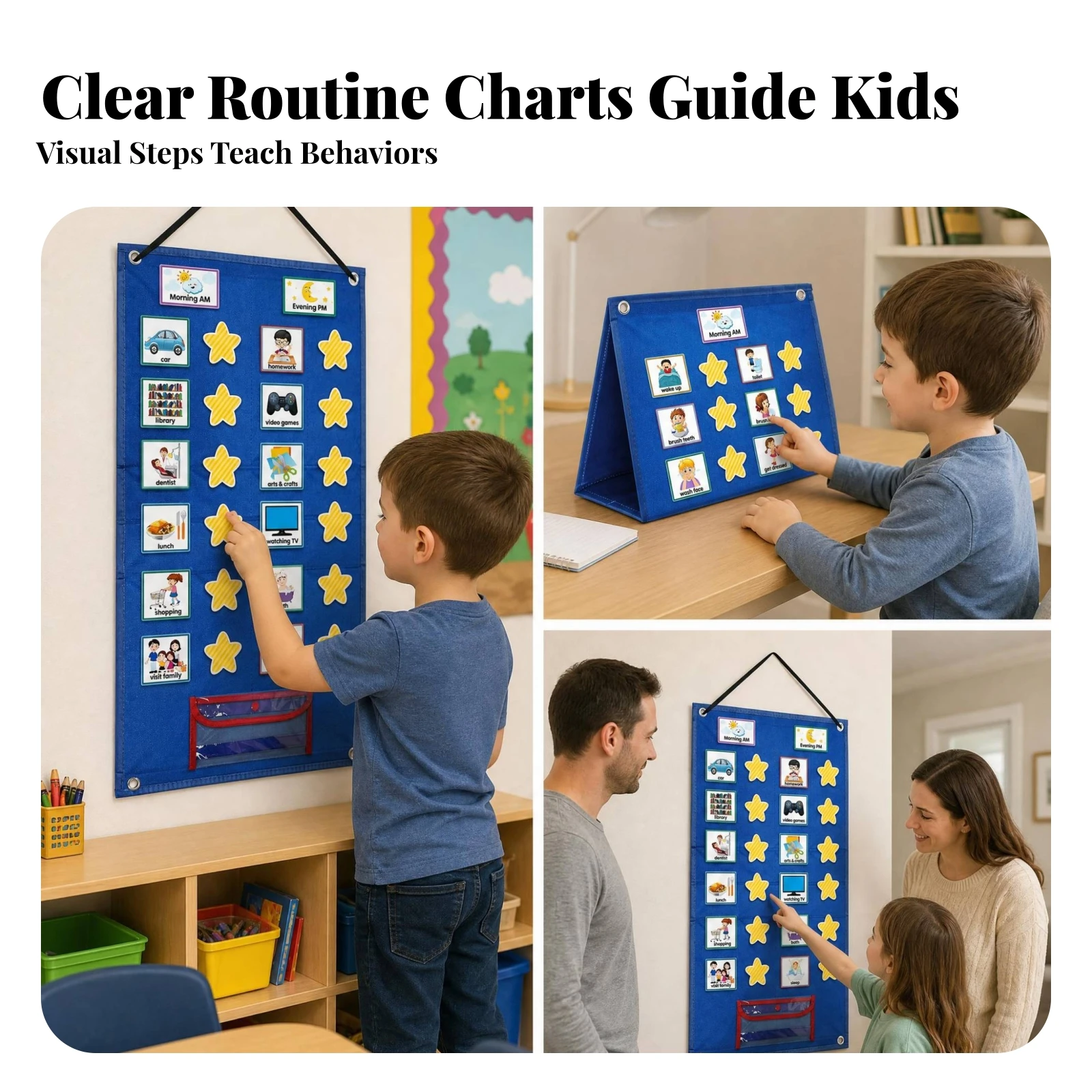 Visual Schedule Chart Hook-and-Loop Picture Schedule Planner Daily Routine Chart Card Storage Pocket for Home, School