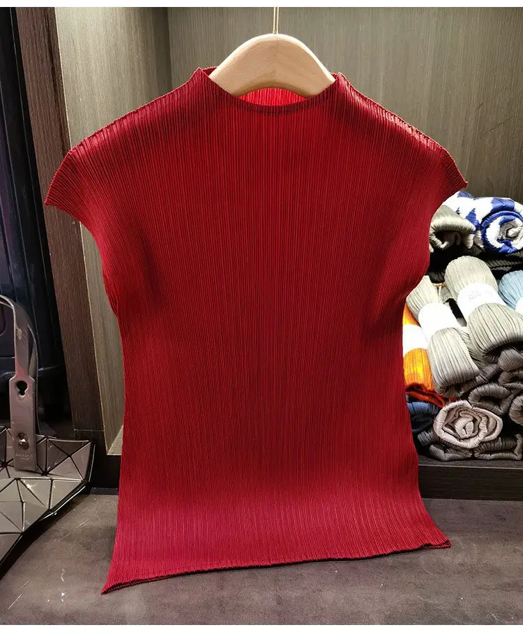 Slim Fit Pure Color Stand Collar Pleated Short Sleeve T-Shirt Women's Summer New Style Home Style Versatile Classic Simple De...