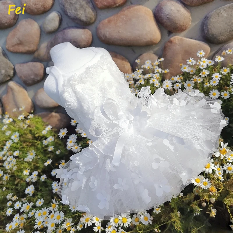 

Bridal Lace Puppy Dress - Handmade Pure White Wedding Gown for Poodle Bride Dress Veil Effect Small Dogs Pet Clothes