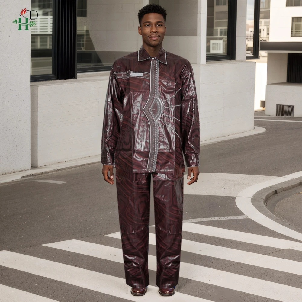 H&D African Mens Clothing Traditional Ankara Dashiki Men Shirt Embroidery 2 Piece Shirt Trousers Fashion Print Bazin Blue view 3