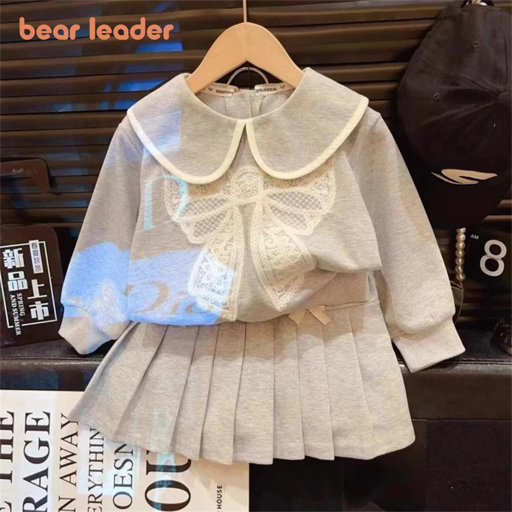 Bear Leader Spring and Autumn New Korean Girls' Grey Clothes Flip Collar Lace Bow Long Sleeve Top+Short Skirt Two Piece Set