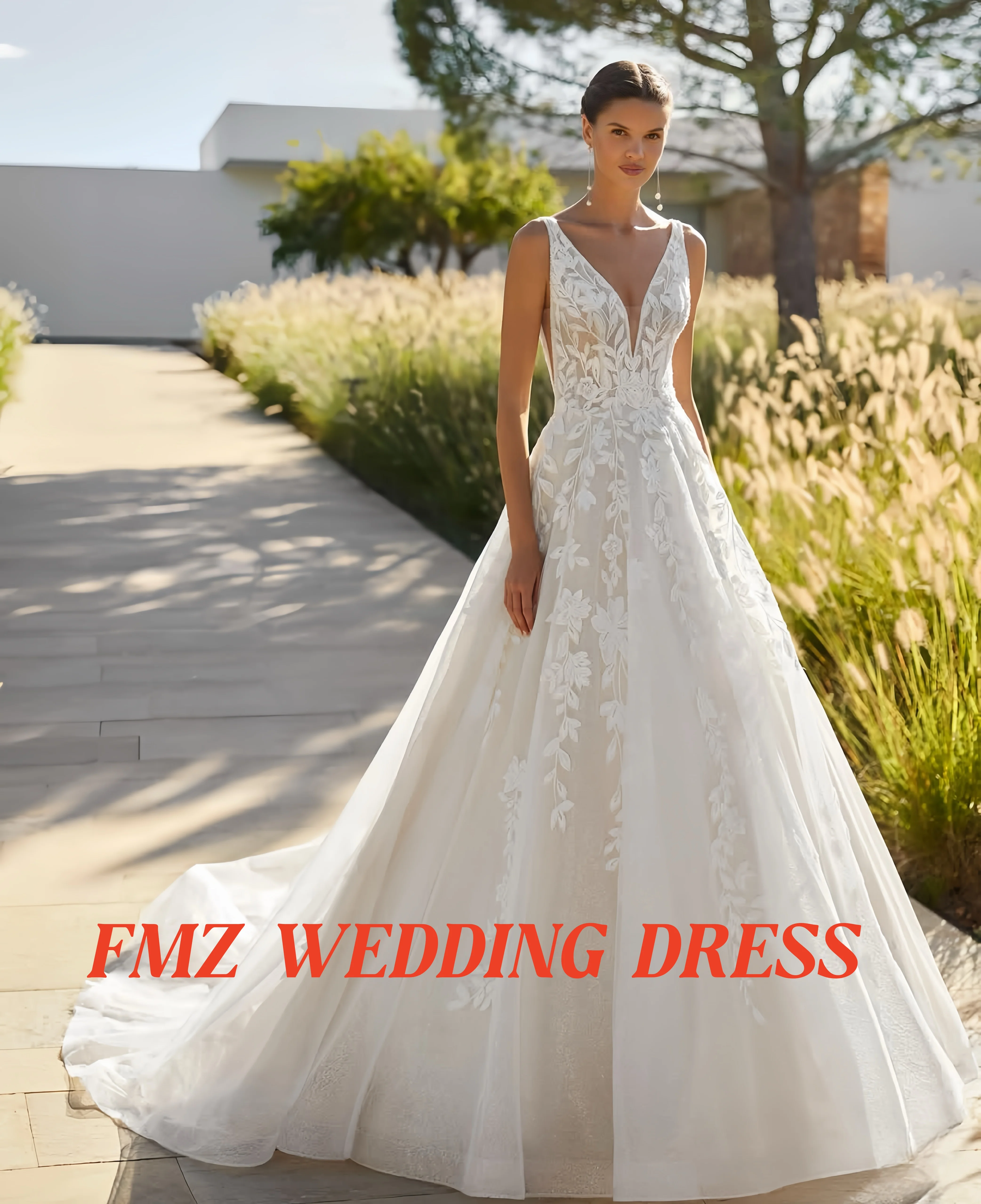 Personnalisé col en v sans manches a-ligne robe de mariée élégante robes de novia amanda novias amanda novias officiel