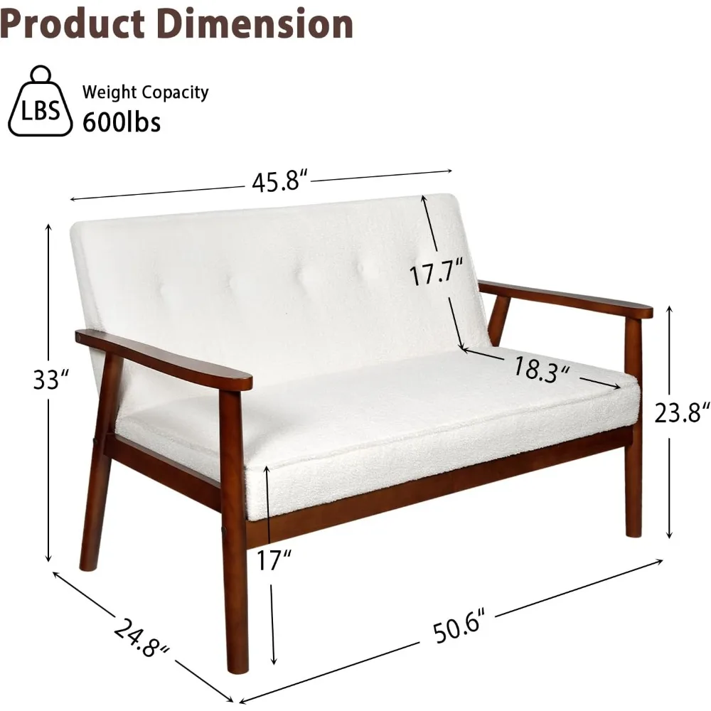 Mid Century Modern 2 Seat Sofa Couch with Wood Arms, Small Love Seat Sofa Couches for Small Spaces, Small Loveseat Couc