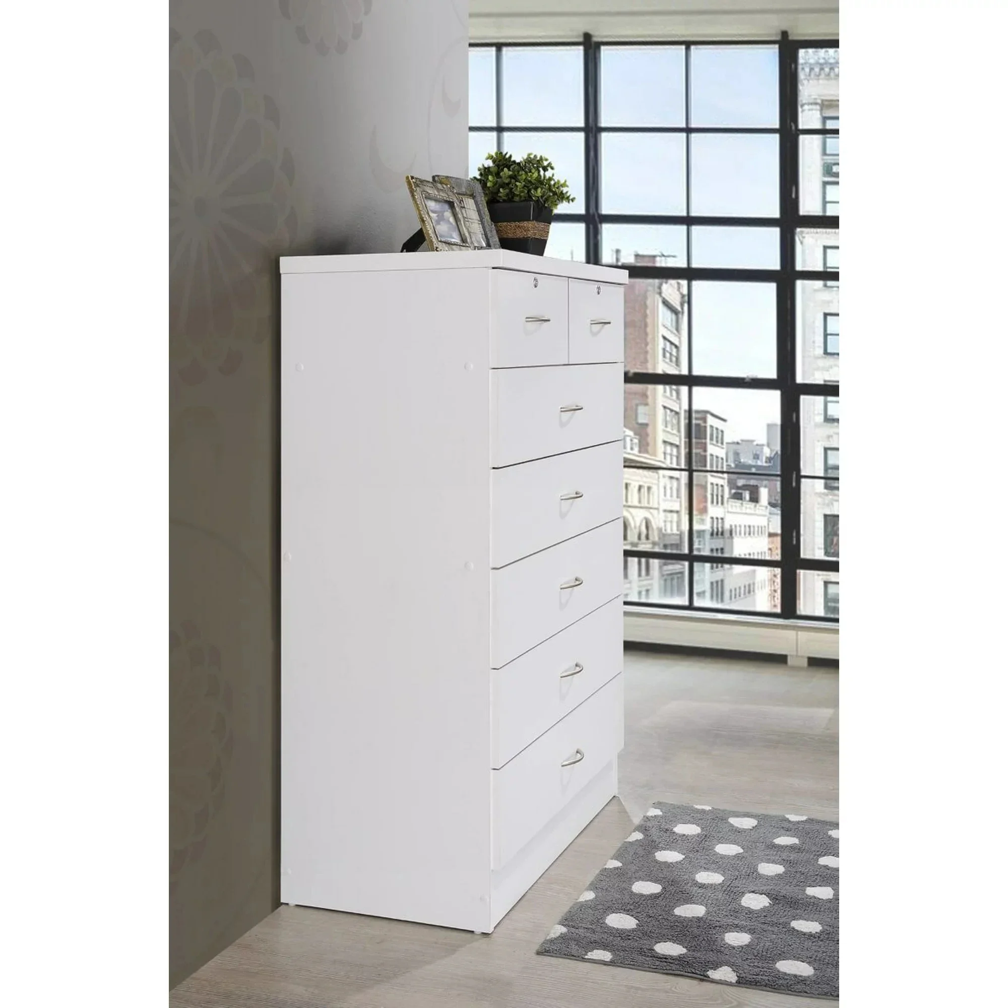 Wood 7 Drawer Storage Horizontal Dresser with Two Locks,Ring Pull Handles,Metal Rails, Mahogany/White