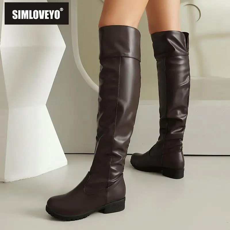 

SIMLOVEYO 2025 Модные женские сапоги до бедра с круглым носком на толстом каблуке 3 см на молнии для отдыха, повседневная одежда, размеры 49-51, распродажа на женской обуви