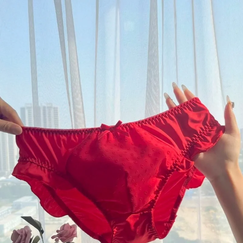 

Мужские трусы со средней талией из чистого хлопка с сексуальным кружевным бантом и рюшами, мягкая выпуклая сумка, дышащее нижнее белье для частной вечеринки Sissy