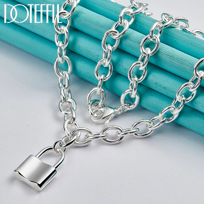 DOTEFFIL 925 Sterling Silver Square Lock Pendant Necklaces 18 Inch Chain For Man Women Love Wedding Party Jewelry