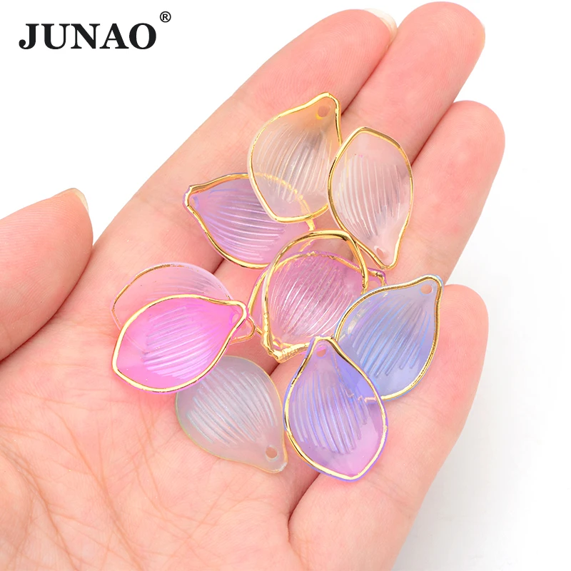 JUNAO New Style 50Pcs 16mm White Shell Petals Beads Sewing Acrylic Gold Edge Shell Cabochon Rhinestone For DIY Handicrafts Carft