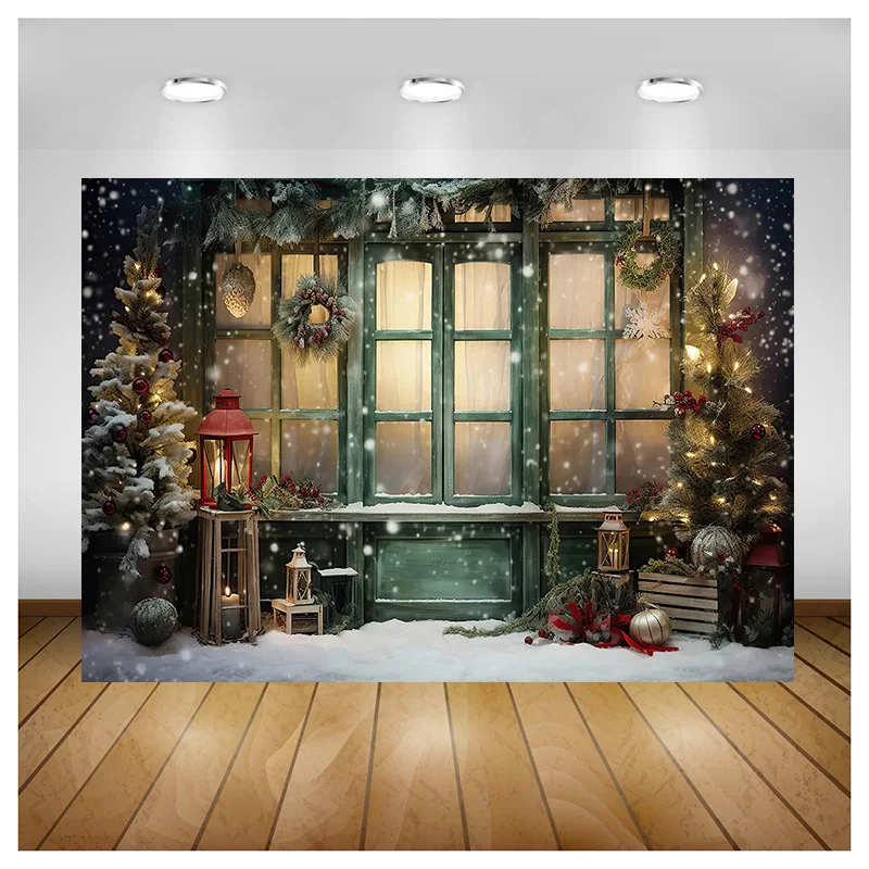 

SHUOZHIKE Christmas Tree Window Candy Photography Backdrop Wooden Doors Snowman Cinema Pine New Year Background Prop LA-55