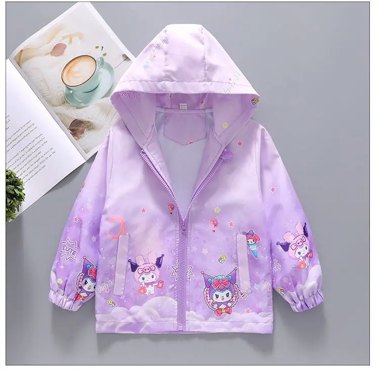 Sanrioed Kuromi-Chaqueta de manga larga para niños y niñas, cortavientos a la moda, ropa impermeable para niños, abrigo informal, Sudadera con capucha con estampado de flores, prendas de vestir