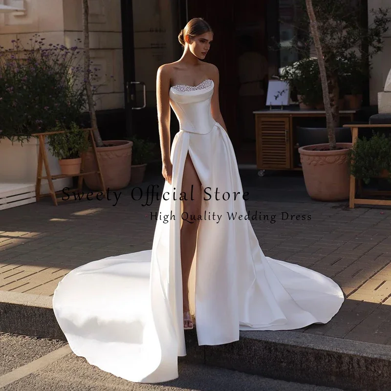 Luxury Wedding Dress Soft Satin With Sequins Slit A Line Ball Gown Strapless Bridal Gowns Back Button Vestido De Novia Elegant