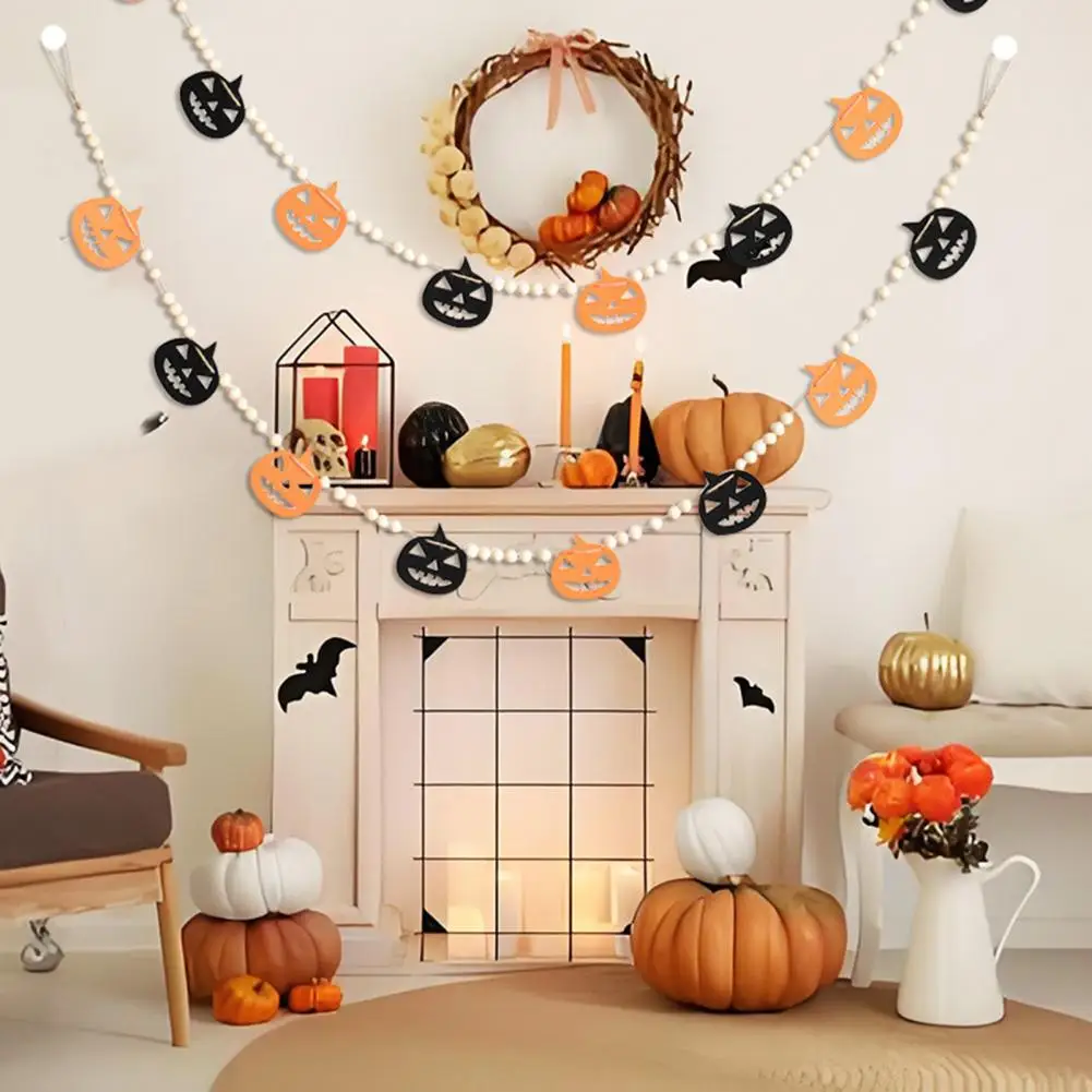 Halloween Pendant Decoration Reliable Wooden Bead Pendant Spooky Halloween Wooden Bead Garland Set with Pumpkin for Festive