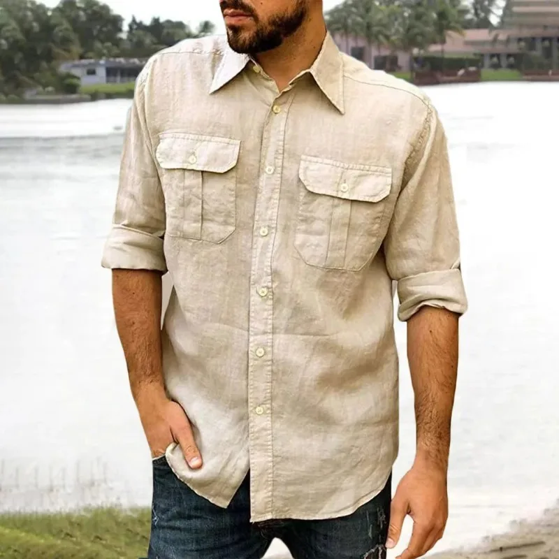 

Cotton Linen Men's Shirt Long Sleeve Solid Color Casual Tops Lapel Double Pocket Design Classic Shirt Trendy Male Clothing