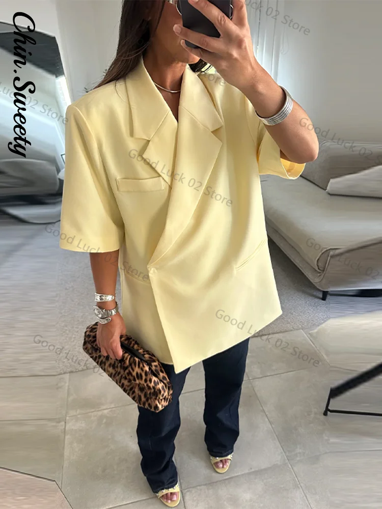 캐주얼 여성 블레이저 코트 반팔 턴다운 칼라 포켓 솔리드 레이디 코트 2025 여름 가을 여성 스트릿 아우터