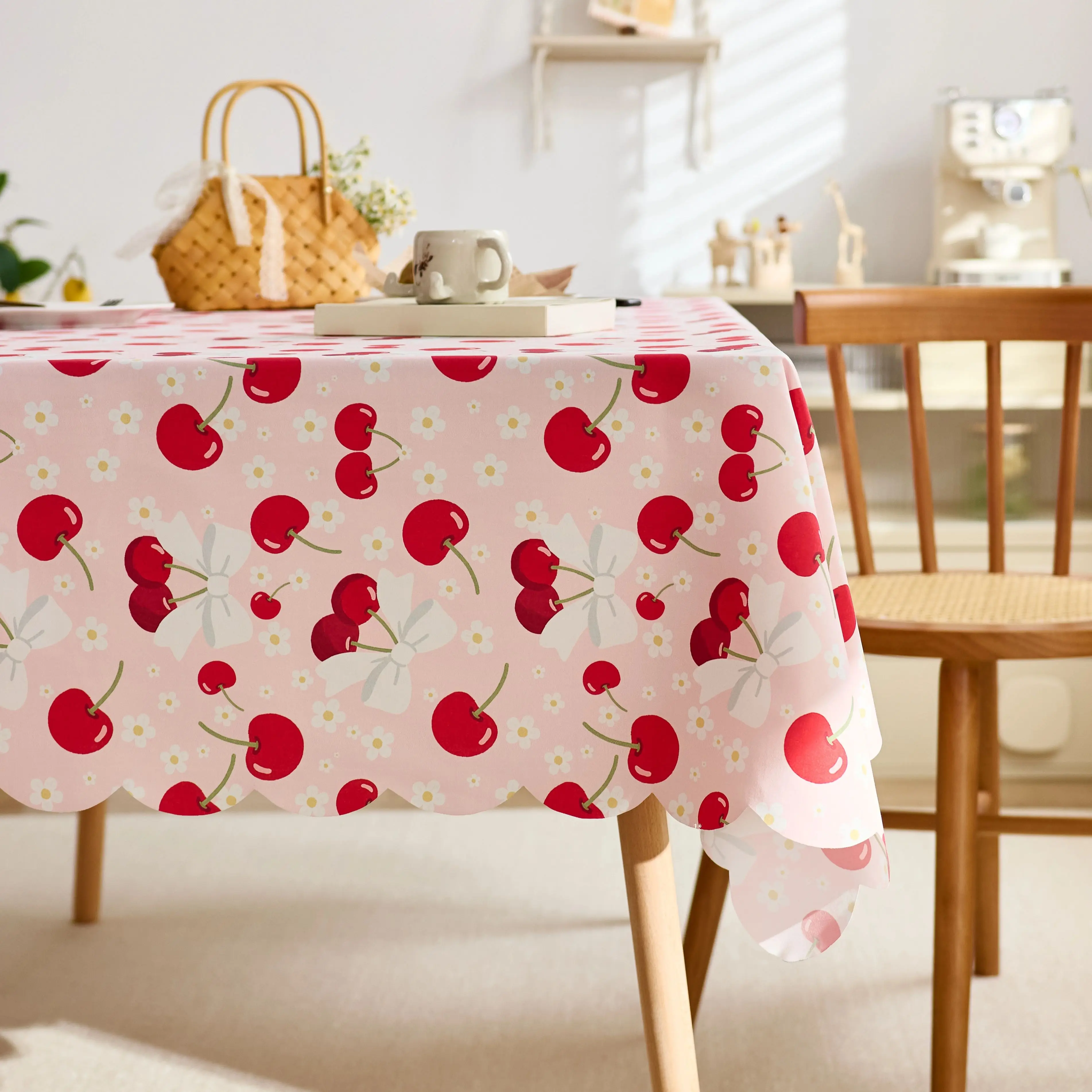 Sweet Cherry & Bow Design Tablecloth Anti-Skid Stain-Resistant Fabric Table Cloth for Dining Room Picnic Cute Pastoral Style