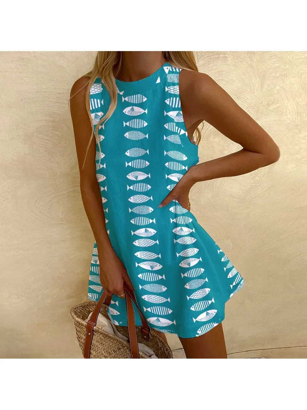 Vestido Retro americano sin mangas para mujer, vestido de playa con estampado de peces elegante, ropa informal Sexy de lujo de alta calidad