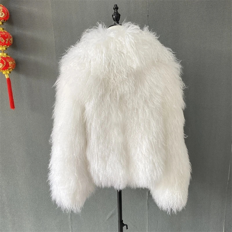 Mongolian Fur Coats Fur lapel Jacket Women Elegant White Fluffy Solid Thicken Warm Long Sleeves Coats Winter Chic Oversize Lady