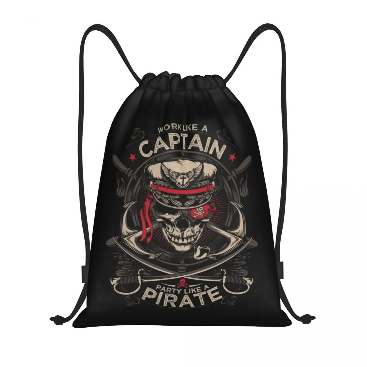 Custom Funny Pirate Captain Skull Drawstring Backpack Sports Gym Bag for Women Men Nautical Sailor Shopping Sackpack