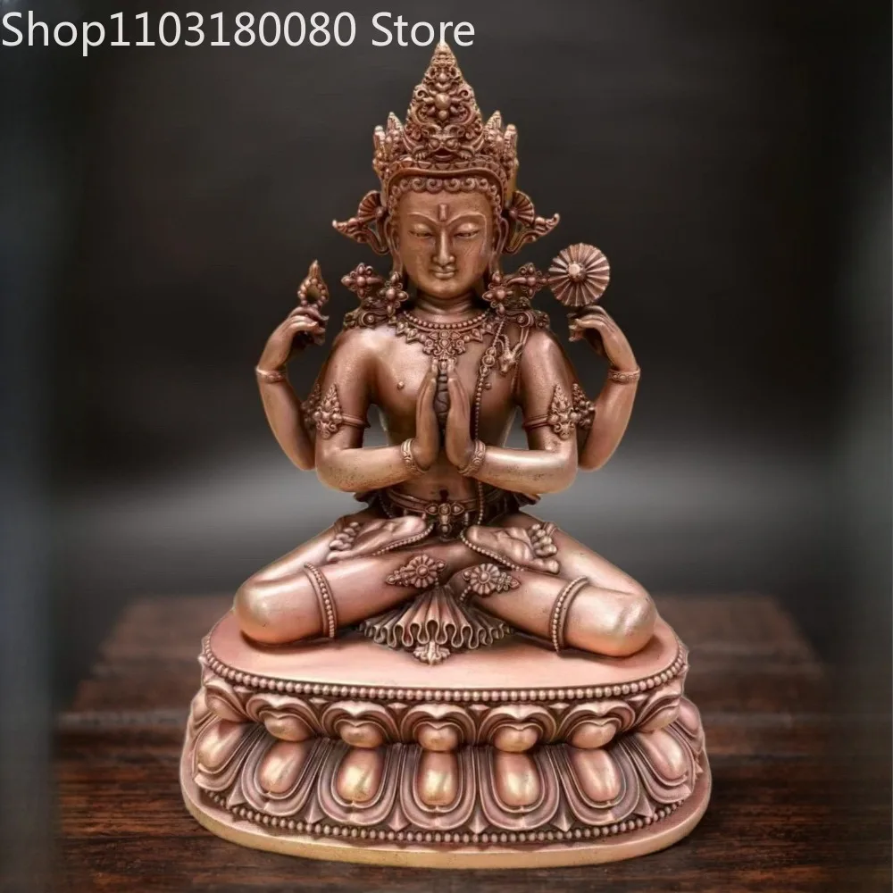 15cm Red Copper Hand Carved Malla Style Four-Armed Chenrezig Statue Tibetan Avalokiteshvara Figurine Altar Decor