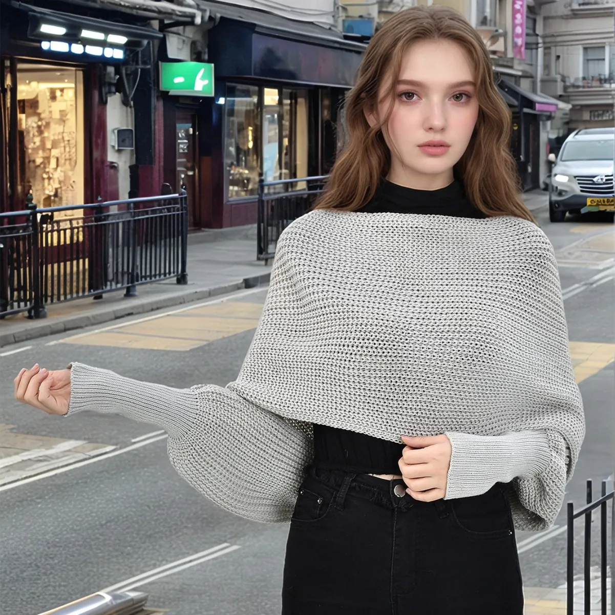 ผ้าคลุมไหล่สีพื้น สไตล์ฤดูใบไม้ร่วงใหม่ แขนเสื้อทรงครอสแบทวิงแบบไม่สมมาตร เสื้อคลุมทับด้วยเสื้อสเวตเตอร์ถักแบบลำลอง แบบสั้นๆ.