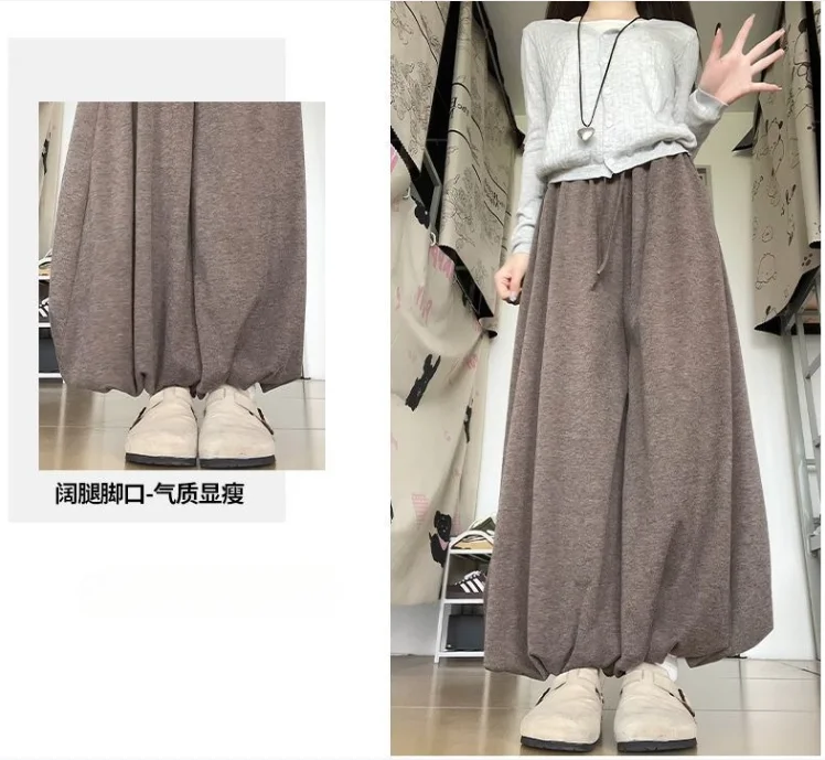 2026 Wool Blending Material Women Casual High Waist Lace-Up Waist Long Pants Fashion Wide Leg Pants Women Clothes Trousers