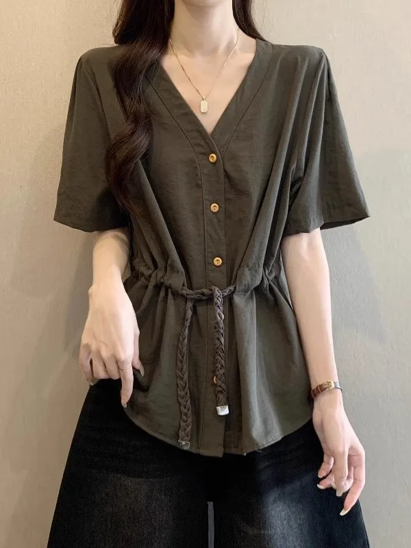 

Dstring V-Ne ort Sve Женское irt, лето 2023, новинка, большие размеры, свободный крой для живота, корейский Sle Commute Faion