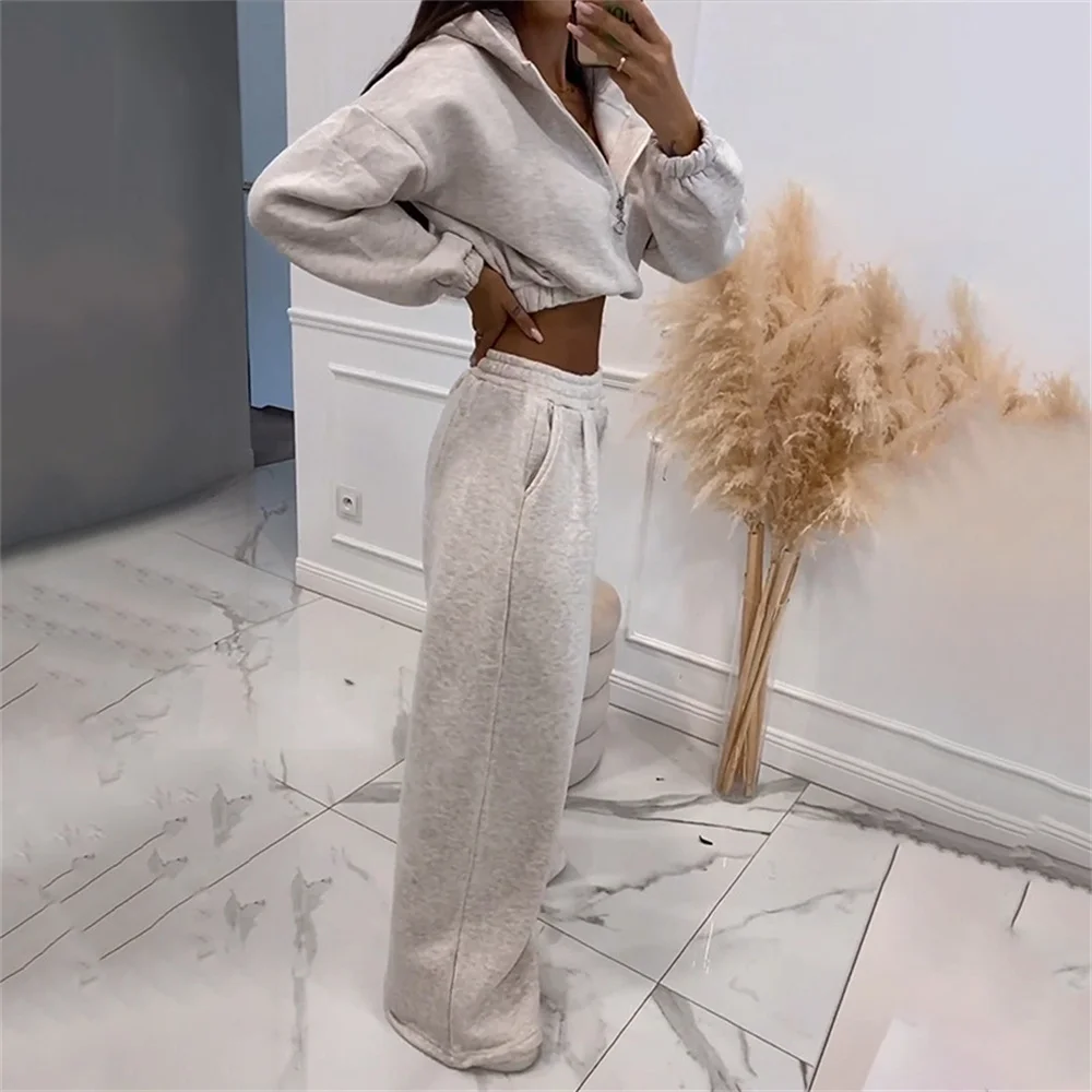 Women Sport Zipper Crop Tops and Pants Set Casual Solid Long Sleeve Turn-down Sweatshirt Elastic High Waist Trousers Suit