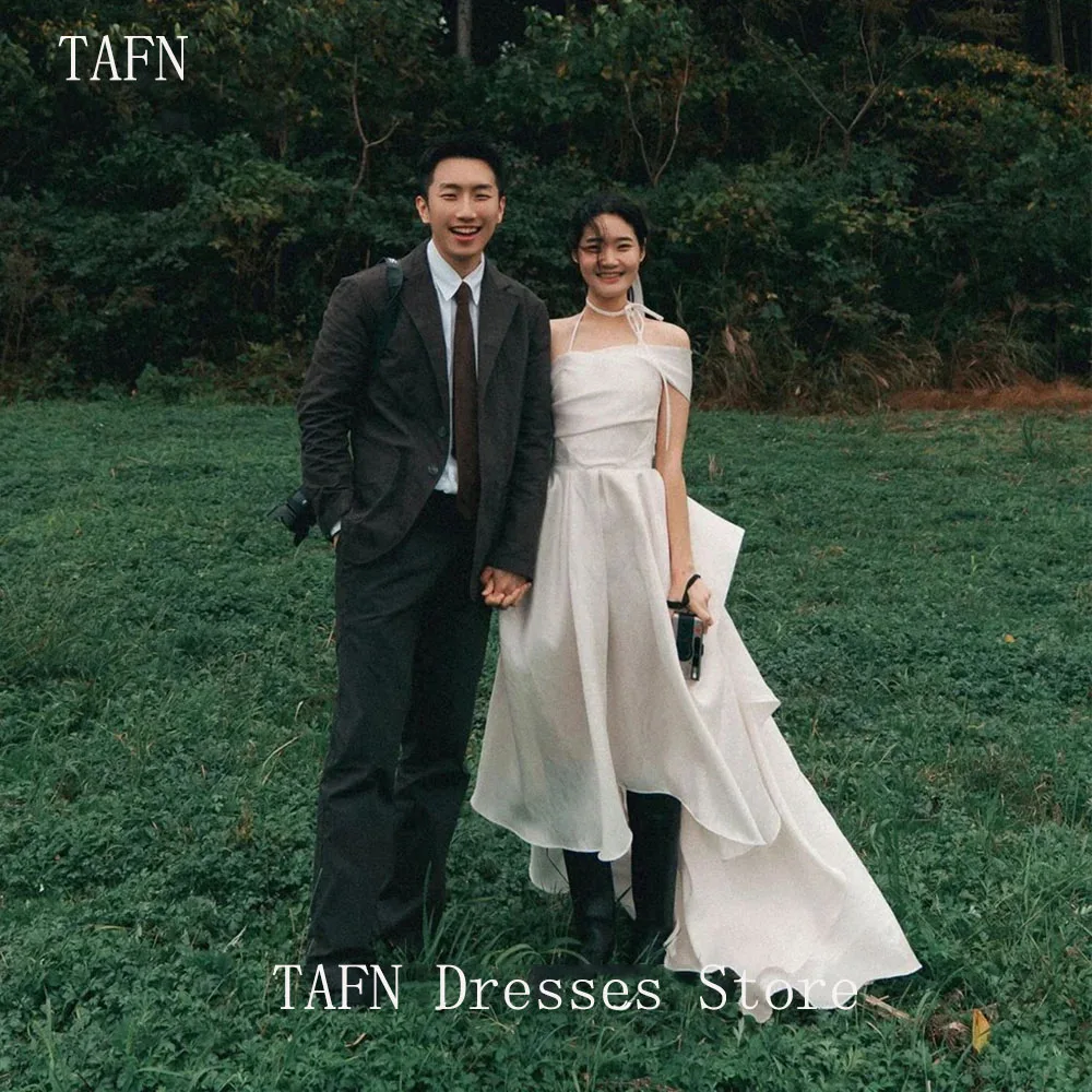 

TAFN Korea Simple Wedding Dresses Taffeta A Line Draped Photo Shoot Garden Prom Gown Long Tail One-Shoulder 웨딩드레스