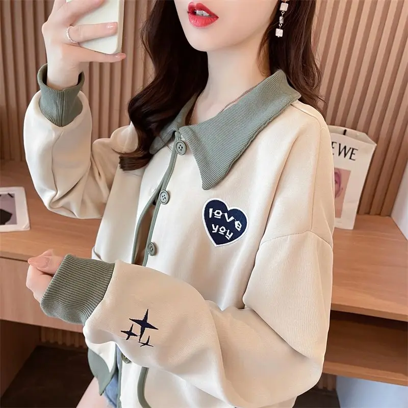 2023 Spring and Autumn Korean Edition Reduced Age Ins Trendy Popular Polo Collar Color Block Letter Printing Loose Casual Coat