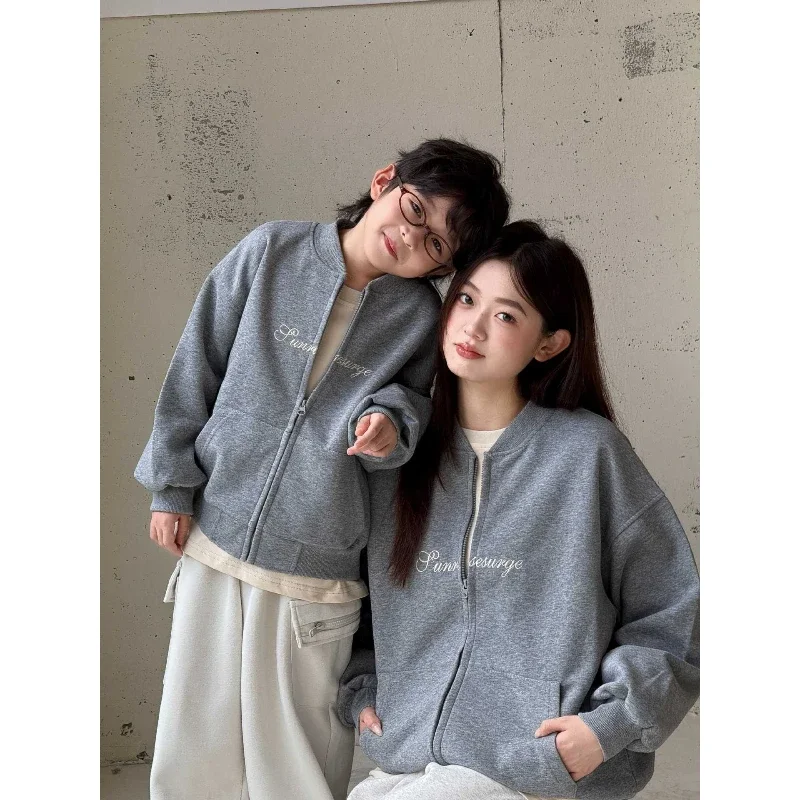 2026 Autumn Family Matching Outfits Mom Dad Son Daughter Solid Cotton Baseball Jacket Father Mother Parent-child Zip Up Coat 3