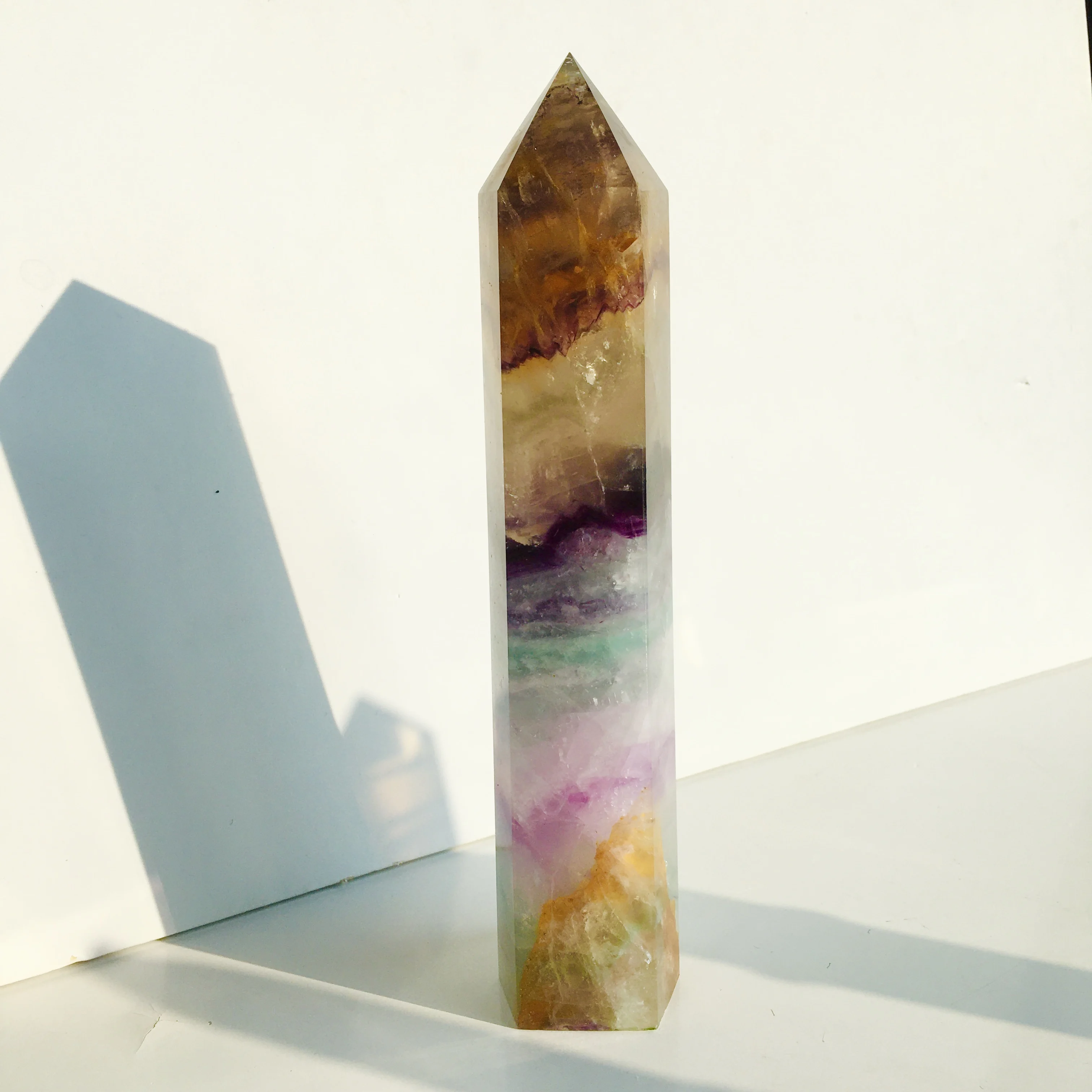 Large Natural Yellow Rainbow Fluorite Tower, Colorful Striped Quartz Wand, Reiki Points, Healing Home Decoration, 1 Pc