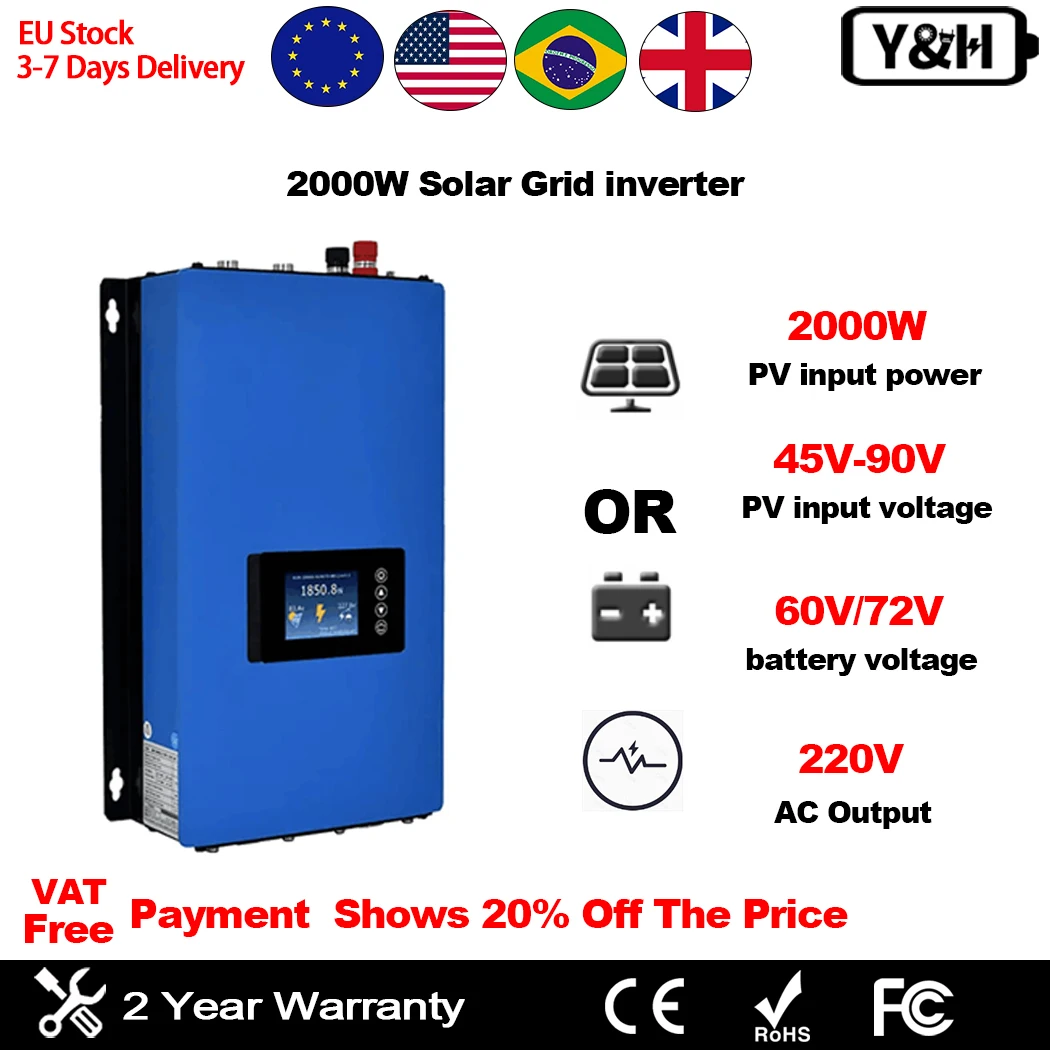 Y&H 2KW MPPT Solar Grid Inverter 60V/72V Battery Discharge with Limiter Sensor PV DC 45-90V AC 220V to 240V