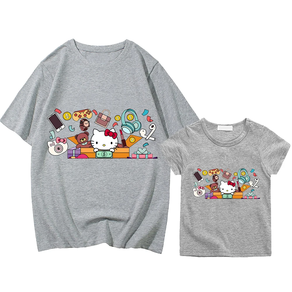 hello kitty family matching outfits Print 100%Cotton boys girls T-shirt y2k Men women Anime Short mommy daughter matching clothe