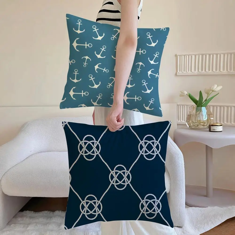 Soft Nautical Fresh Blue Maritime-Themed Cushion Cover Washable Linen Pillowcase Soft  for Daily Sofa Bed Home Room Decor