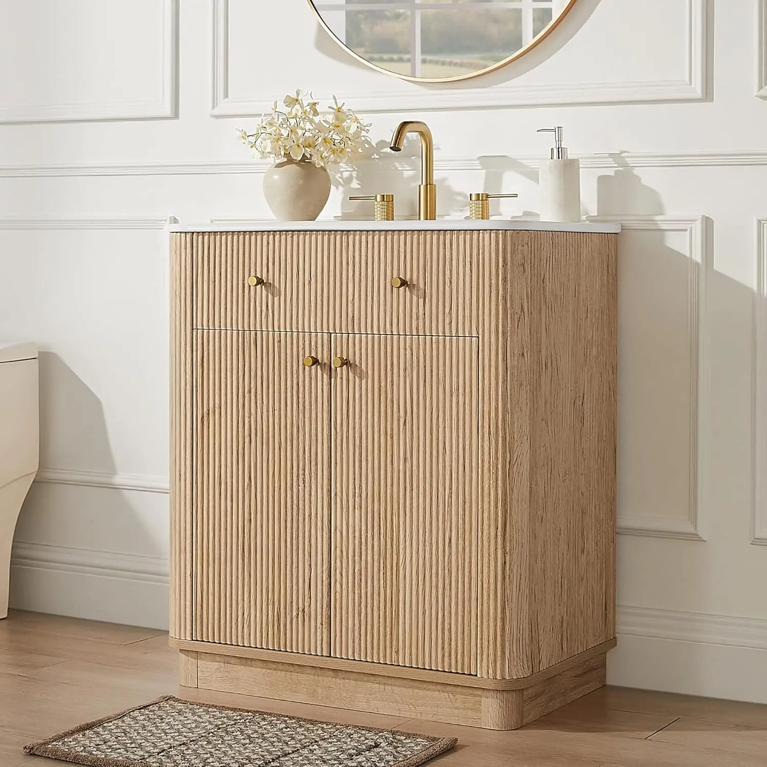 

30 Inch Modern Fluted Bathroom Vanity Sink Storage Cabinet Adjustable Shelf Natural Oak, Custom