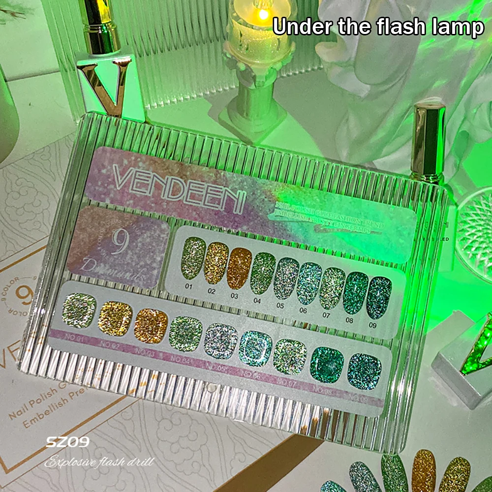 Vendeeni 9 Farben/Set Grüner Glitzer-Broken-Diamond-Gel-Nagellack TPO FREI Semi-Permanenter Glitzer-UV-LED-Gel-Lack mit Display – Detail 11