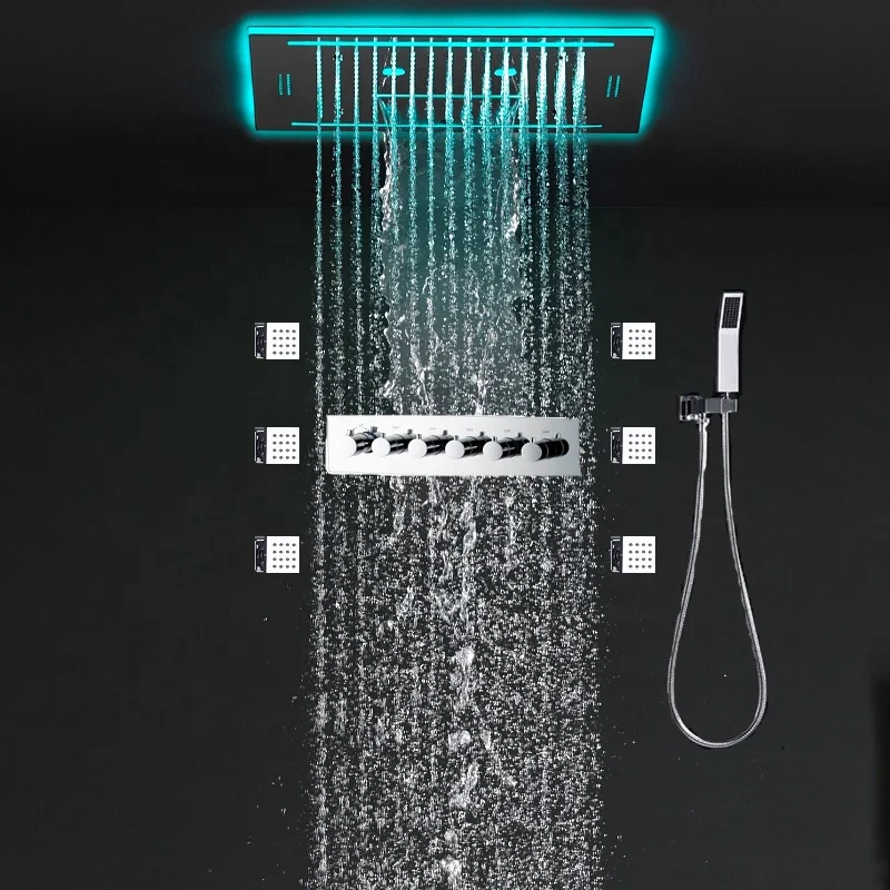 

Bathroom Ceiling Mounted 16 Inches LED Shower Head Music Speaker Showers System Rain Shower Panel Showerheads Waterfall Jets
