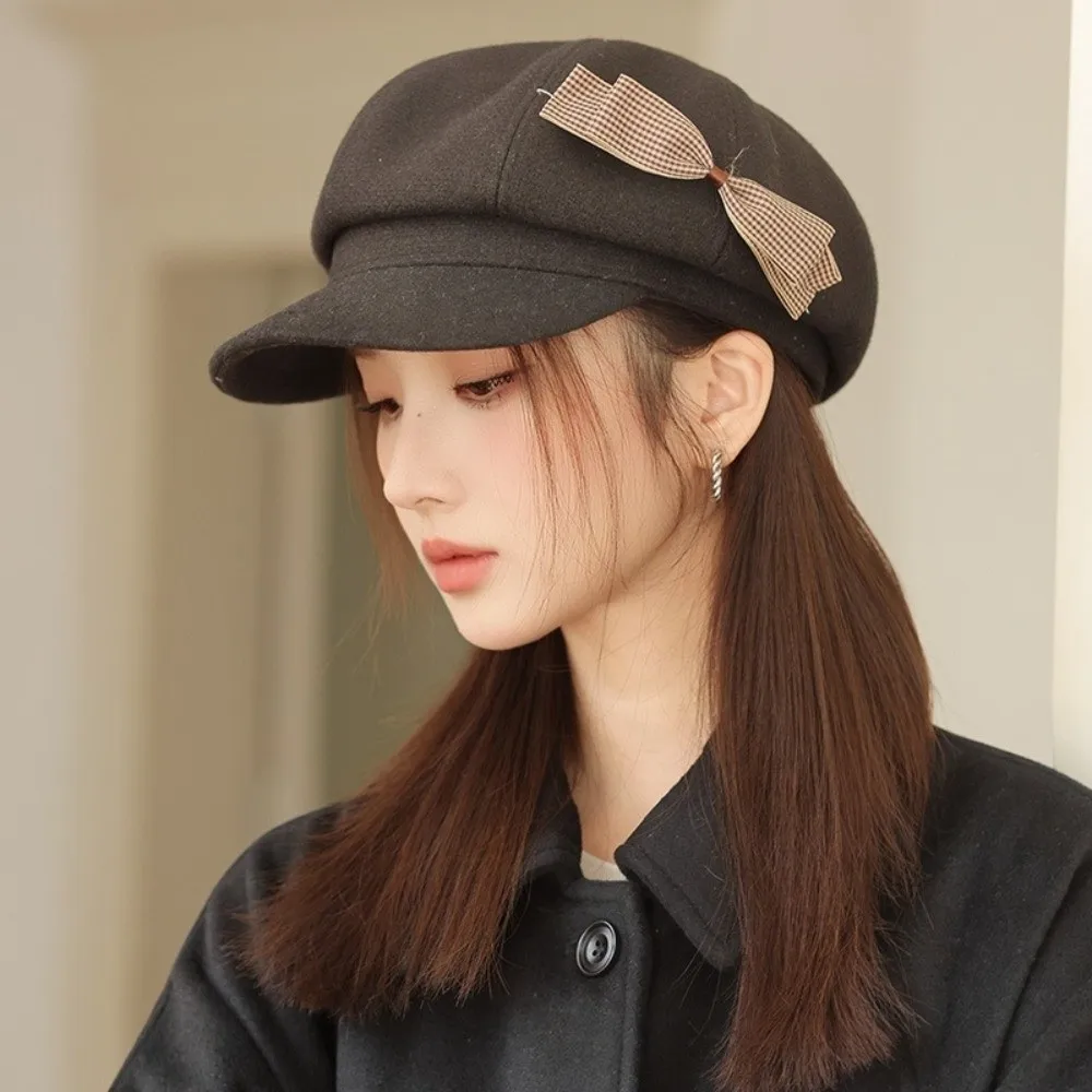 

Fashion Wool Bow Beret Warm Big Head Circumference Newsboy Hat Versatile Solid Color Octagonal Cap Girls