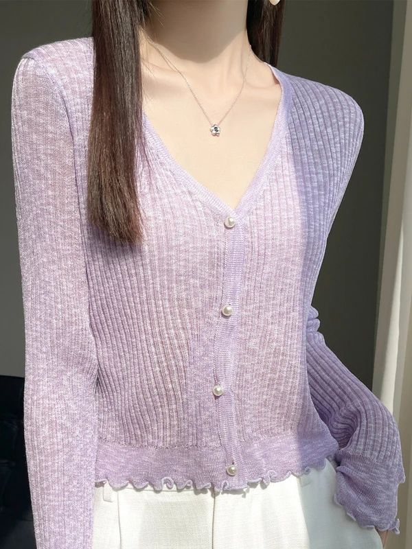 Ropa de protección solar de seda helada de punto fino de verano para mujer chaleco largo Sve V-Ne longitud Regular Color puro viaje Sle